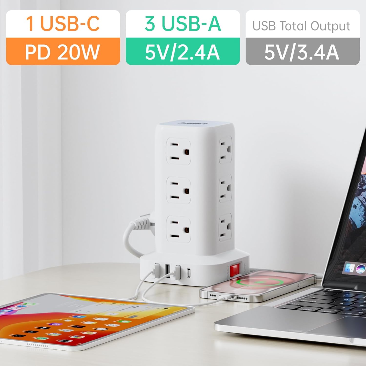 ower Surge Protector Power Strip with 12 Outlets 4 USB (1 USB C), 6.5Feet Extension Cord with Multiple Outlets - Image 3