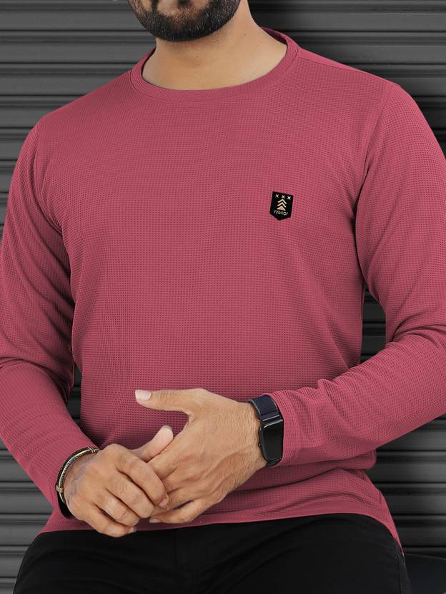 Men Solid Round Neck Polyester Pink T-Shirt